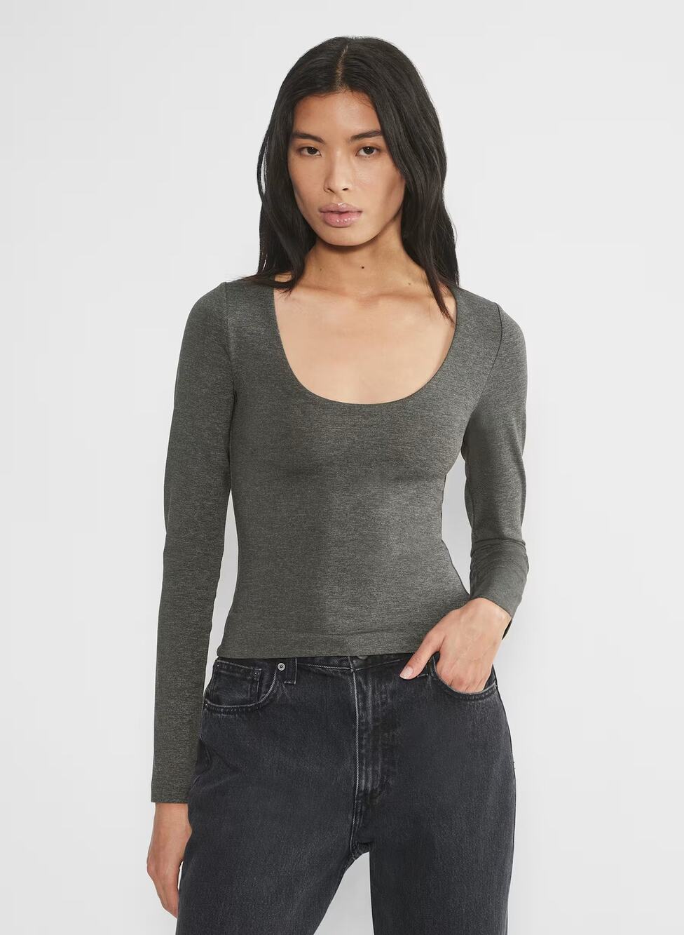 Aritzia Contour Scoopneck Long Sleeve Top Heather Charcoal Medium NWOT